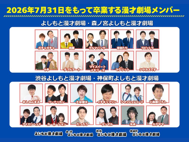 よしもと漫才劇場（大阪・東京） 卒業メンバー発表。22組が7月末をもって新たな門出